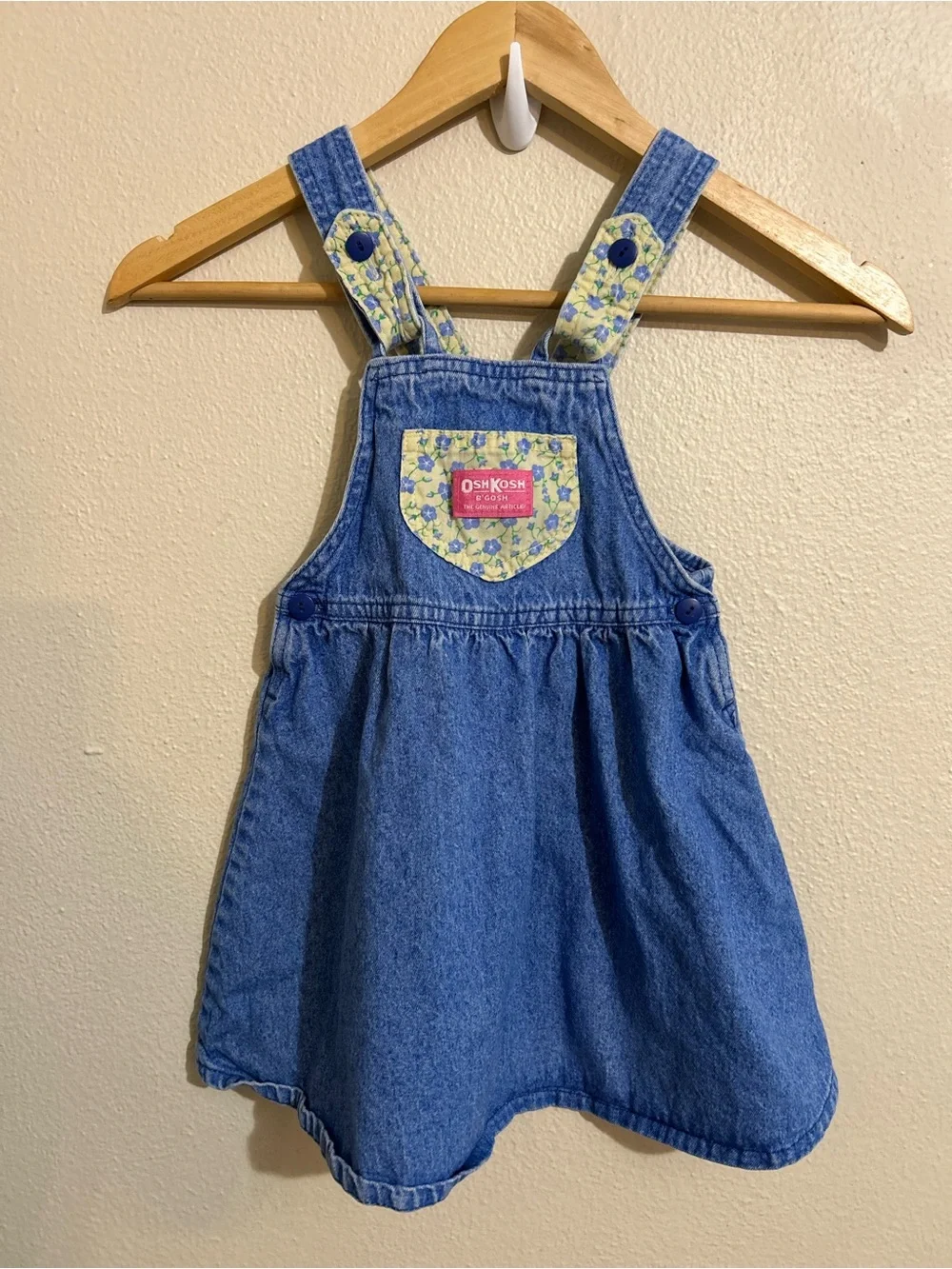 Vintage OshKosh Denim Overall Dress Floral Pocket Made in USA Size 4 Cotton Girl